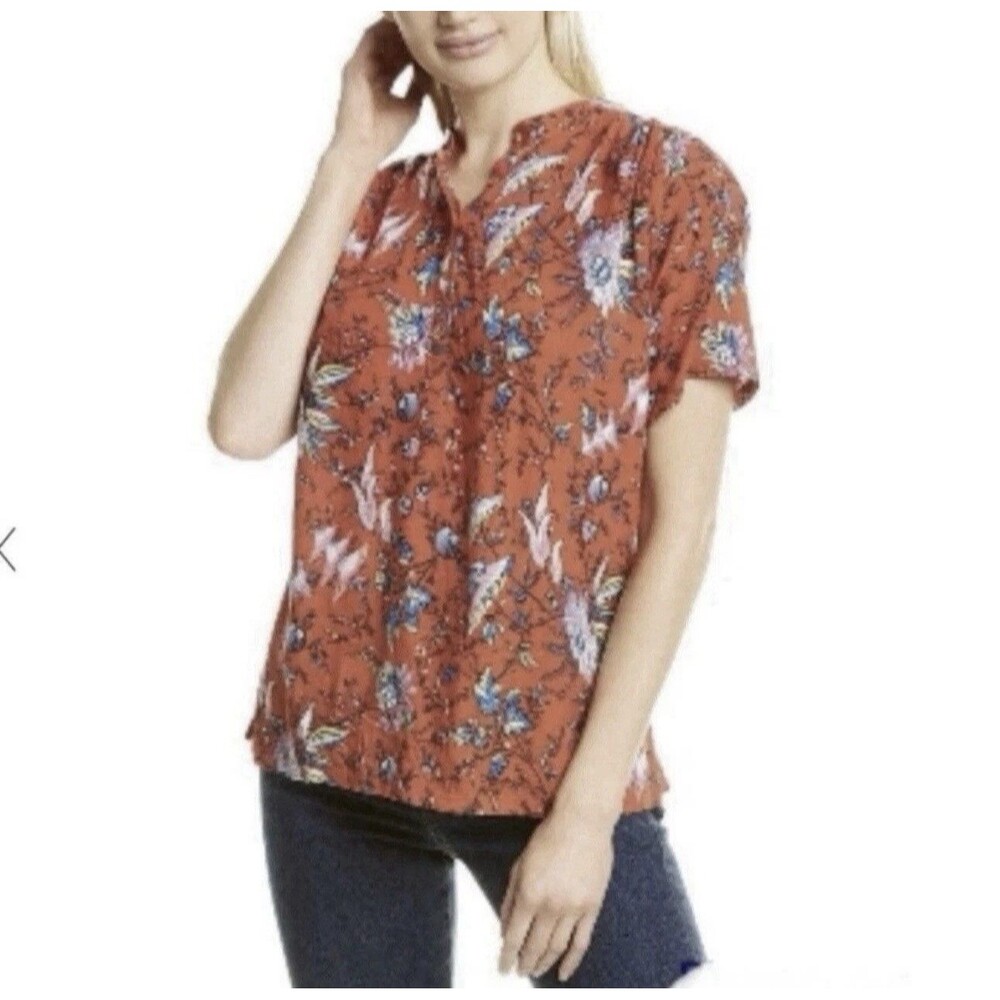 Maeve Anthropologie Red Floral Short Sleeve Henley Blouse Shirt Top Size XS